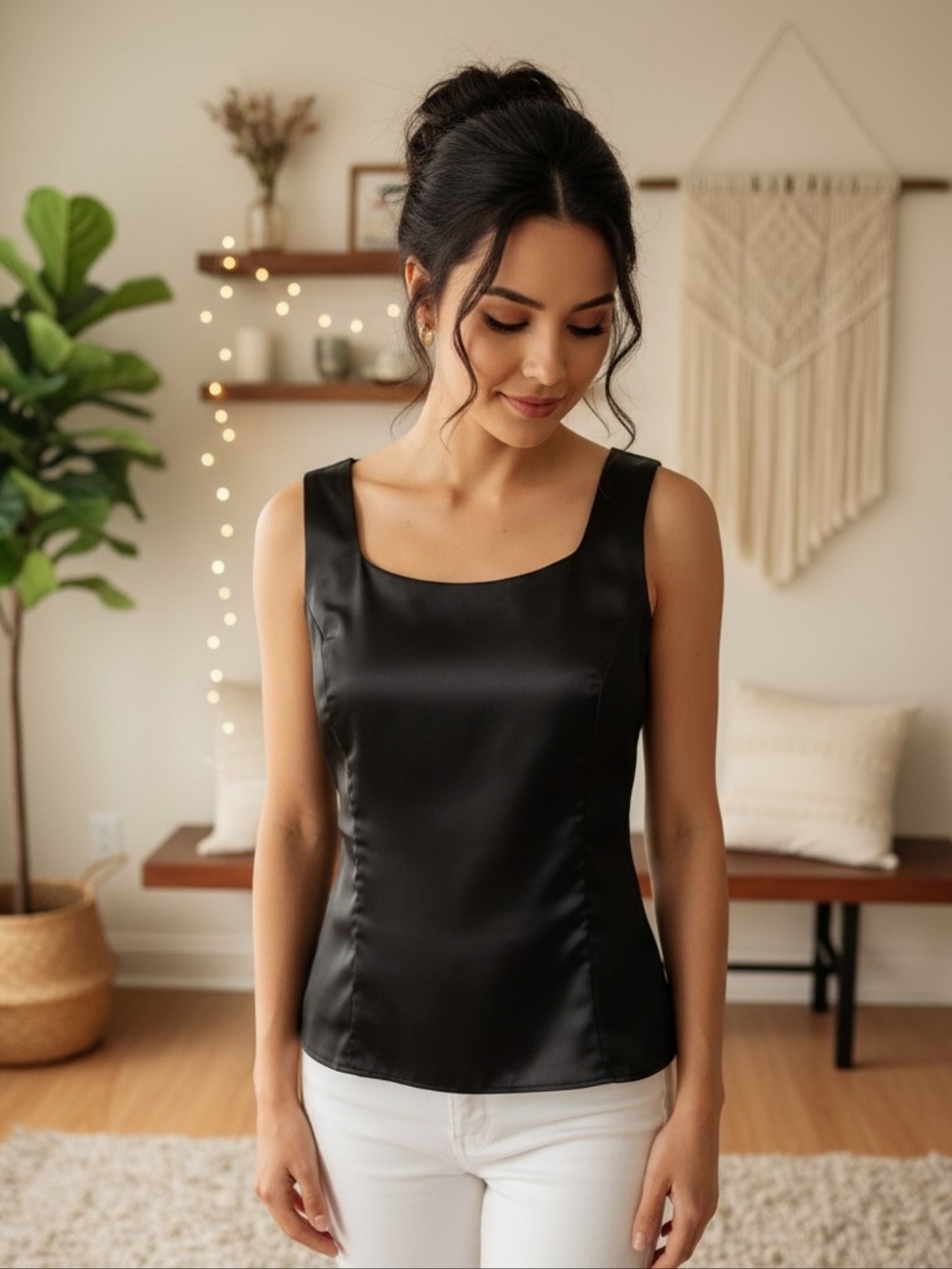 Black Satin Elegant Scoop Neck Sleeveless Top Side Zipper – Size Medium